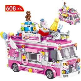 Blocks City Friends Ice Car Street View Dining Mini Building Block Food Snack Shop Model Brick Toys H240523