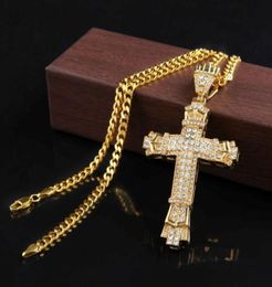 Retro Gold Charm Pendant Full Ice Out CZ Simulated Diamonds Catholic Crucifix Pendant Necklace With Long Cuban Chain3897549