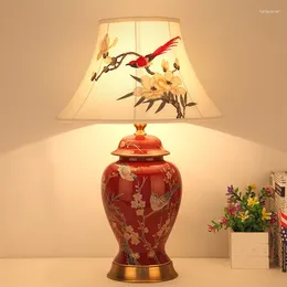 Table Lamps Festive Hand Embroidery Magpie Lampshade And Flower Ceramic For Living Room Bed Marriage Home Decor