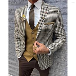 Men's Suits Classic Plaid Men Single Breasted Notch Lapel Slim Fit Costume Homme Casual 3 Piece Jacket Pants Vest Business Full Set