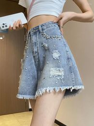 Women's Shorts Trendy Edge Ripped Hole Denim Women Summer Design Beading Loose High Waist Short Jeans Casual Wide Leg Female