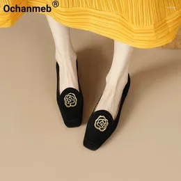 Casual Shoes Ochanmeb Women Kid Suede Flats Embroidered Flower Square Toe Slip-ons Loafers Black Designer Luxury For Ladies 2024