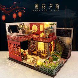 Doll House Accessories Wooden Doll House Antique Penthouse Mini Building Kit Chinese Villa Doll House and Furniture Decoration Toys Q240522