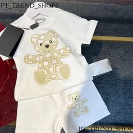 Baby Casual Suit Bear Letter Short Sleeve Set Summer Cotton Shorts Cute Tracksuit White Gray Clothing Sets 66-100Cm 007