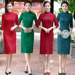 Casual Dresses Chinese Style Mother Dress Bracelet Sleeve Woman Wedding Qipao Cheongsam Modern 2024 Daily Clothes Jacquard Women Elegant