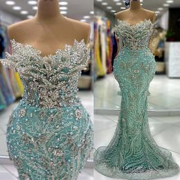 2024 Aso Ebi Sage Mermaid Prom Dress Dressals Beded Crystals Luxurious Aseval Party Second Second Sextre