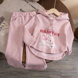 Top- und Bottom -Kleidung Set 2024 Neue Kinder modische kleine Mädchen Kapuze -Sweatshirt Rabbit Fashion Anzug Outfit L2405