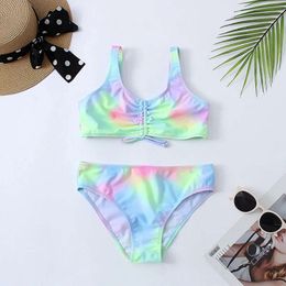 Tie Dye Girls Swimsuit Kids 7-14 Years Two Piece Children's Swimwear Ruched Front Bikini Set Teen Bathing Suit 2024 Beachwear L2405