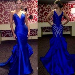 Elegant Royal Blue Evening Dress Long 2022 Sleeveless Satin Mermaid Prom Dresses Back Sequined Miss USA Pageant Party Gowns 296I