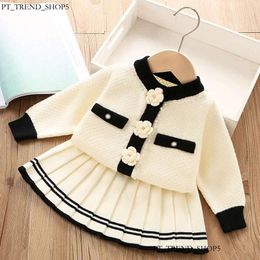 Child Girls Sets Sweater Clothing Spring Autumn Lovely Floral Suit Knit Cardigan Sweater With Short Skirt 2Pcs Kids Outfits A3e