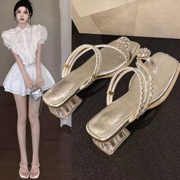 French Style Thick Heeled Slippers For Women's Outerwear, New 2024 Summer Pigeon Egg Water Diamond Sandals, Versatile Roman Sandals
