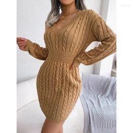 Casual Dresses Sexy V Neck Twist Knot Long Sleeve Knitted Sweater Dress Autumn Winter Women Tunic Bandage Party