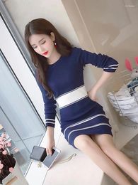 Casual Dresses Striped Bottoming Dress 2024 Autumn And Winter Retro Western Mid-length Knitted Hip-raising High-elastic All-match