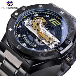 Forsining Classic Bridge Mechanical Watch Men Black Automatic Transparent Gear Full Steel Band Racing Male Sport Watches Relogio 224s