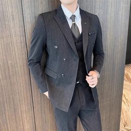 Men's Suits Double Breasted Striped Suit 3-piece Black/gray/navy Blue Business Social Ball Slim Fit Set