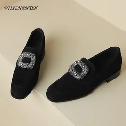 Casual Shoes Square Crystal Buckle Women Round Toe Low Heel Suede Leather Fashion And Comfort Loafers Warm Plush In Flats