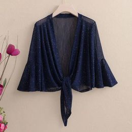 Women's Jackets Silver Mesh Shawl Fashionable Short Flared Sleeves Women Top Thin Cardigan Lace Up Jacket Camisole