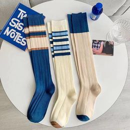 Women Socks Blue-white Contrast Striped Colorful Stripe Calf Thin Summer High Tube For Student School JK