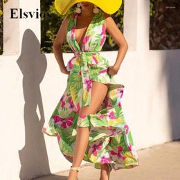 Casual Dresses Ladies Eelgant Sleeveless Beach Party Dress Summer Bohemia Floral Print Slit Long Women Sexy Deep V Neck Sashes Maxi