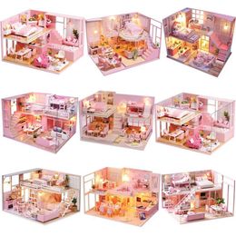 Doll House Accessories Diy Casa Wooden Doll House Mini Building Kit Pink Princess Room Doll House with Furniture Lights Villa Toys Q240522