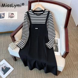 Casual Dresses Dress Women Clothes Autumn 2024 Fashion Black And White Striped Long Sleeve T-shirts Patchwork Loose A-Line Midi
