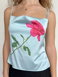 Women's Tanks Summer Satin French Vintage Tank Top Blue Sleeveless Rose Print Lace Up Silk