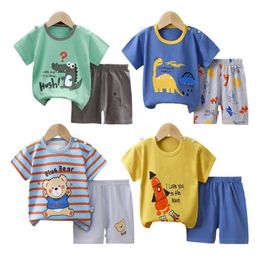 Pyjamas Summer cartoon T-shirt+shorts 2-piece clothing set cotton Pyjamas childrens boys and girls striped casual track clothing set 1-6 Y WX5.21