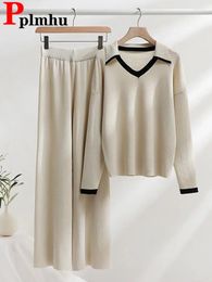 Women's Two Piece Pants Women Knitted Sweater 2 Pieces Sets Korean Casual V-neck Knitwear Pullover Tops Conjuntos High Waist Wide Leg