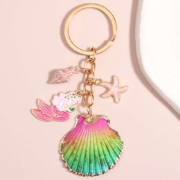 Cute Enamel Keychain Shell Conch Starfish Mermaid Ring Sea Key Chains Summer Gifts For Women Girls DIY Handmade Jewellery