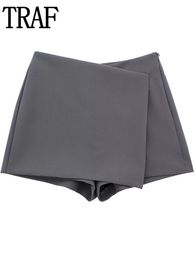 TRAF 2023 Grey Skirt Shorts High Waist Wrap Short Y2K Streetwear Asymmetric Skort Spring Fashion Casual Pants 240520