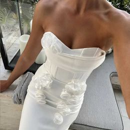 Basic Casual Dresses White Womens Sexy Strapless Flower Shoulder Body Bandage Mid calf Dress Celebration Dinner Vestido J240523