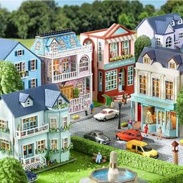 Doll House Accessories Diy Mini Wooden Doll House with Furniture Lights Doll House Casa Assembly Model Pink Princess Villa Building Kit Toy Birthday Q240522