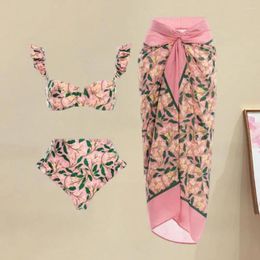 Women's Swimwear 3Pcs/Set Women Summer Bikini With Beach Cover-Up Skirt Bohemia Style Ruffle Sleeve Bandeau Bra High Waist Swim Briefs Set