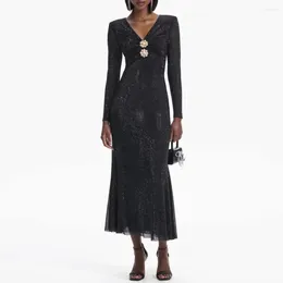 Casual Dresses 2024 Women Fishtail Dress Black Diamond Buckle Long Full Sleeve High Waist Maxi V-neck Slim-fit Hip-hugging Sexy