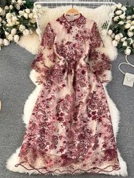 Casual Dresses 2024 Fashion Vintage Flower Embroidery Dress Women Clothing Stand Collar Lantern Sleeve Mesh Elegant Wedding Party Vestidos