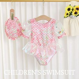 2024 Summer Baby Girls Princess 1-7Years Children One-piece Swimsuit Kids Fashion Rainbow Mermaid Swimwear With Hat L2405