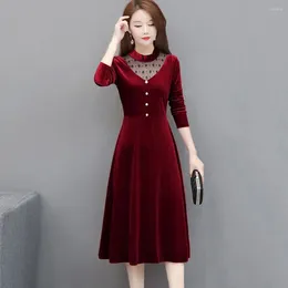 Casual Dresses Long Sleeve Slim Dress Elegant Buttons Decor Velvet A-line Office Lady's Chic Mesh Yarn Stitching Midi