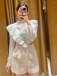 Women's Blouses 2024 Spring Women Blouse Lace Hollowed Out Round Neck Ladies Ruffled Edge Embroidery Long Sleeve White Sweet Elegant Shirt