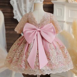 Backless Bow Baby Girl Clothes for Birthday Party 1 to 5 Yrs Embroidery Flower Elegant Luxury Dress Toddler Kids Xmas Dresses 240522