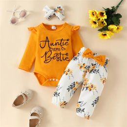 Clothing Sets Infant Baby Girls 3pcs Jumpsuits Clothes Suit Kids Long Sleeve Romper Tops Floral Pants Headband Children Cotton Playsuits