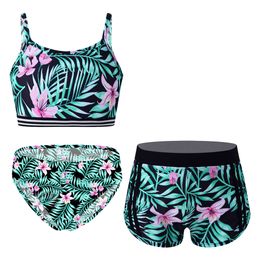 Children Girls Tankini Swimwear Spaghetti Straps Print Crop Top with Shorts Briefs Swimsuit Beach Pool Water Park Bathing Suit L2405