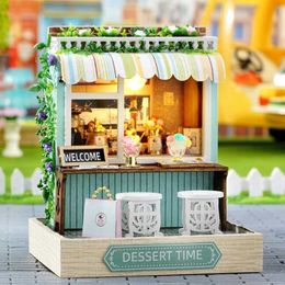 Doll House Accessories DIY Wooden Dessert Shop Mini Casa Mini Building Set Doll House with Furniture LED Lights Suitable for Girls Birthday Gifts Q240522