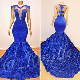 Royal Blue Mermaid Prom Dresses Rose Flowers Long Chapel Train Sheer Neck Applique Beads 2K18 African Pageant Party Dress Evening Gowns 311x