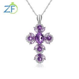 Pendant Necklaces GZ ZONGFA Purel 925 Sterling Silver Cross Pendant Womens 2.8ct Gemstone Natural Amethyst Chain Necklace Party Exquisite Jewelry S2452206