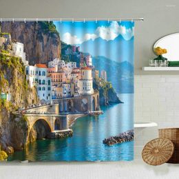 Shower Curtains European City Ocean Scenery Mediterranean Coast Village Greek Castle Bathroom Wall Deco With Hook Waterproof Polyester