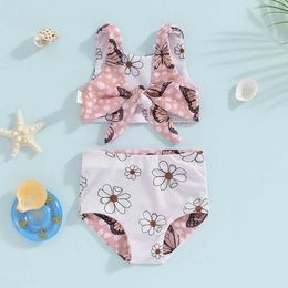 Two-Pieces Two-Pieces 6M-4T Girls Bikini Beach Orange Swimwear 2-piece Set with Butterfly Print Tank Top and Flower Shorts Swimwear WX5.22