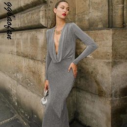 Casual Dresses Ggbaofan Fashion Club Draped Bright Silk Maxi Dress Outfits For Women Long Sleeve Deep V Birthday Autumn Gown Robes