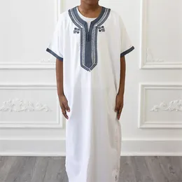 Ethnic Clothing Islam Muslim Embroidered Robe Men Short Sleeve Long Dress Moroccan Caftan Ramadan Abaya Traditional Jubba Thobe Men's