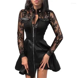 Casual Dresses Women Autumn Causal Long Sleeve Mini Dress Lace Dots Houndstooth PU Zipper Patchwork Slim Fashion Pocket Elegant Vintage