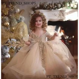 Girl Dresses Girl's Champagne Ball Gown Girls Pageant Long Sleeves Pearls Lace Applique Princess Tulle Puffy Kids Flower Birthday 522 7B9